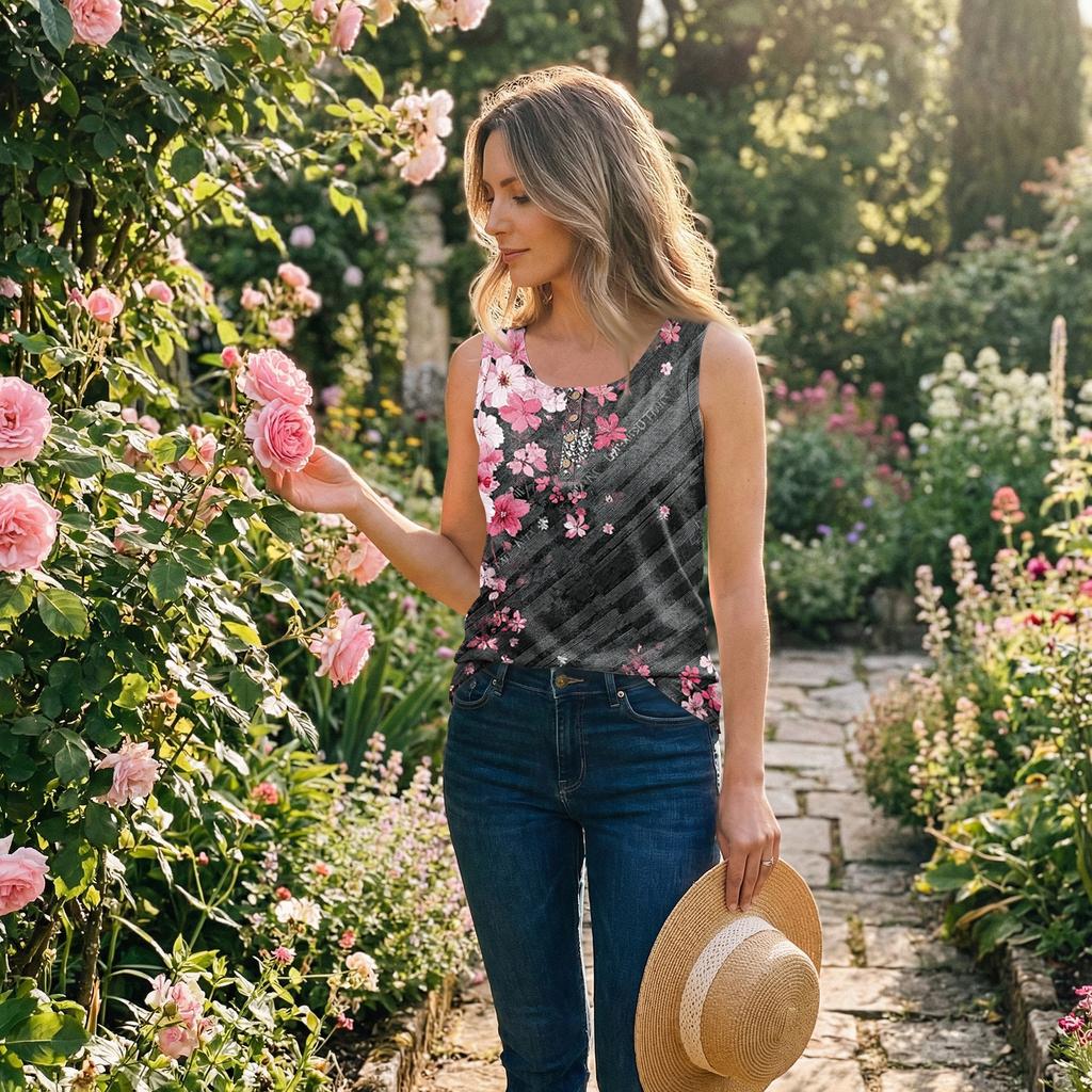 Damen ärmelloses Tanktop mit Blumenprint, lässig, Rundhalsausschnitt, Knopfleiste, lockere Passform, Pullover, leichtes Blusenhemd