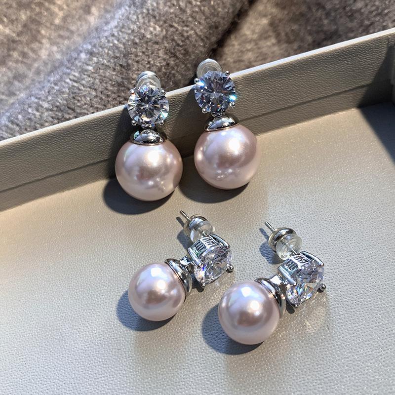 S silver needle rose purple pearl earrings women's light luxury 5A zircon stud earrings real gold electroplating new earrings