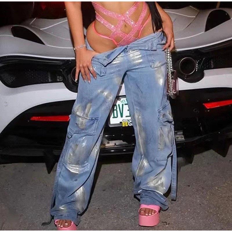 Modischer Druck Heißes Silber Hohe Taille Denim Lange Hosen für Damen Trendige Taschen Gerade Jeans Damen 2026 Frühling Herbst Damen Party Jeans