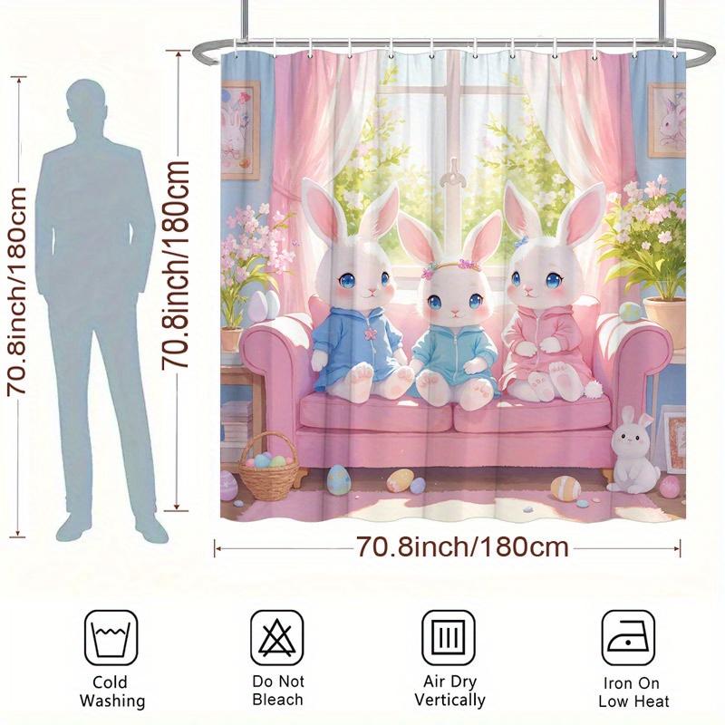Adorable Easter Bunny Shower Curtain-70.8x70.8 Inches,Polyester, Washable,Charming Rabbit & Floral Design,Festive Bathroom Decor