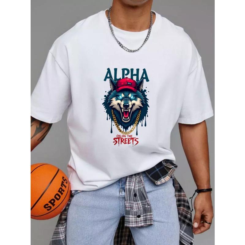 T-Shirt Street Style Alpha Wolf Lupo Bianco con Berretto Rosso e Catena d'Oro Stampa Grafica per Abbigliamento Casual