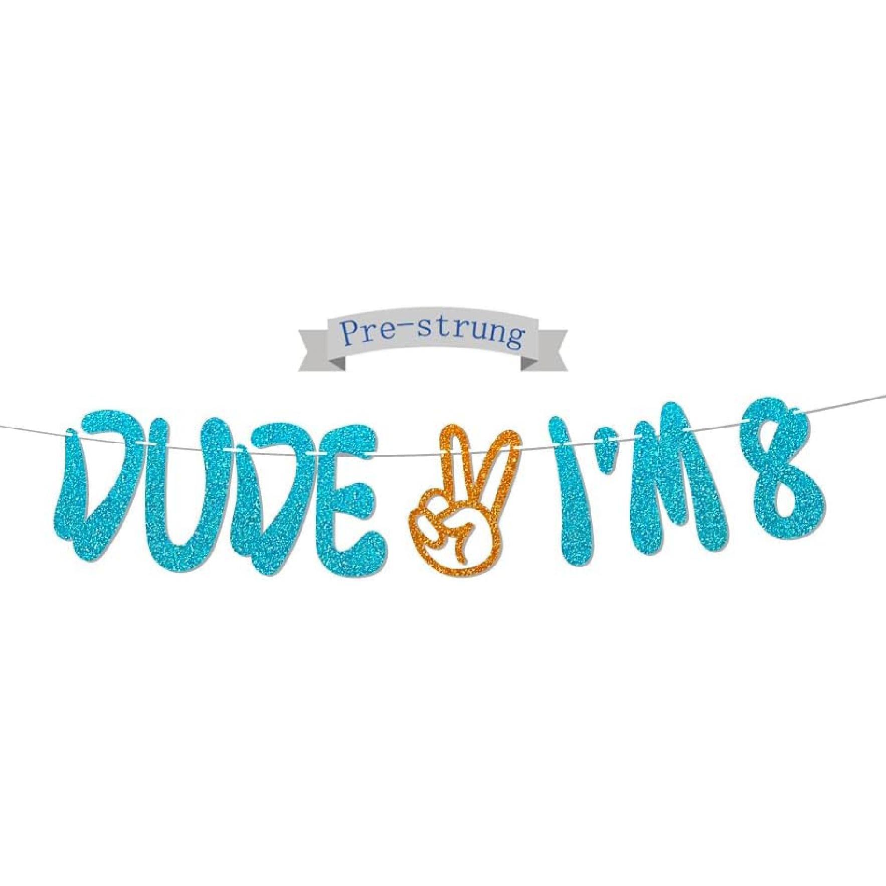 Dude I m 8 Birthday Glitter Banner, Pre-Strung,Level 8 Unlocked, 8 Years Old Hanging Sign, Boys Happy 8th Birthday Party Decorations Supplies