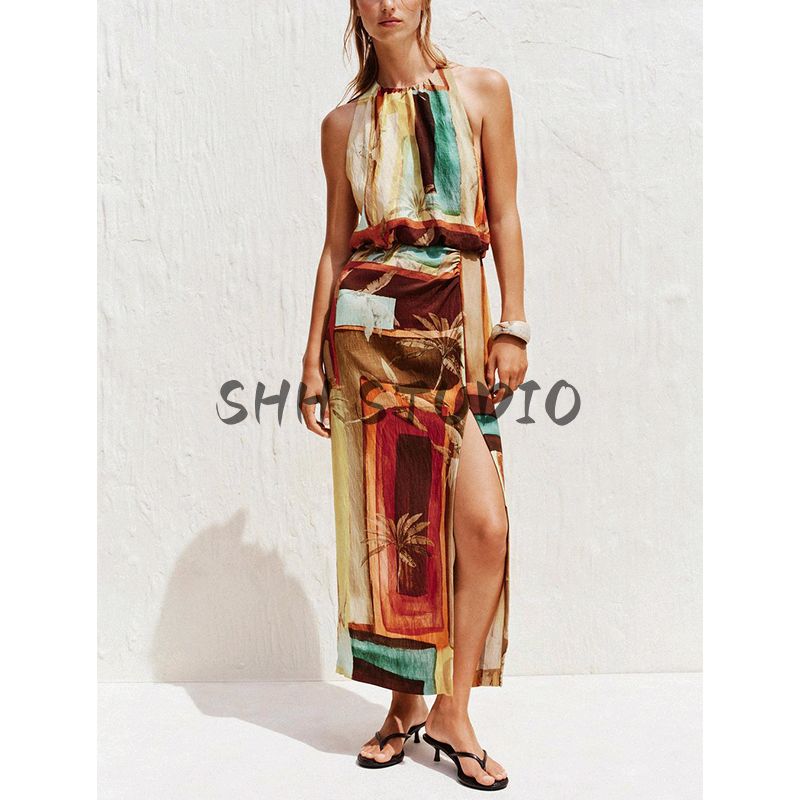 Summer Women's Round Neck Sleeveless Bowknot Decoration Tropical Style Print Midi Skirt Long Dress 8109360