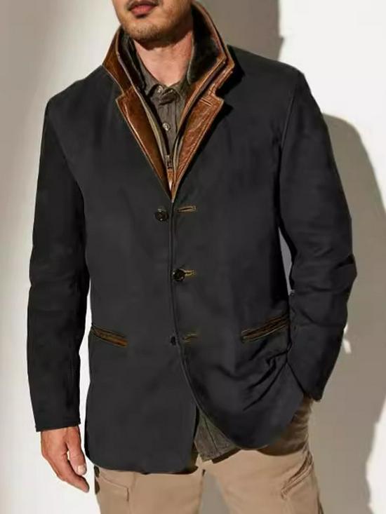 Spring/Autumn Men's Retro Patchwork Jacket - European/American Style Casual Lapel Coat