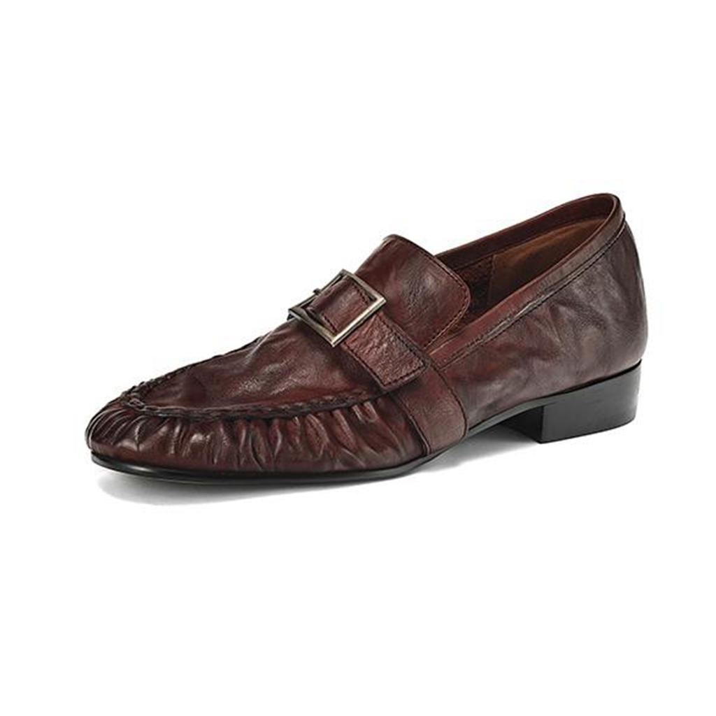 Krazing Pot Cow Skin Spring Summer Size 40 Loafers Thick Low Heels Pleated Decoration Women Round Toe Leisure Pumps