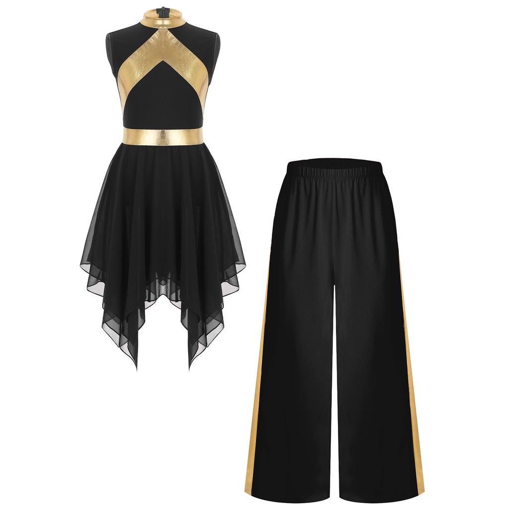 Mädchen Lobpreistanz Outfit Ärmelloses Metallic-Kleid Patchwork-Design Asymmetrischer Saum Weitbein-Hosen Set