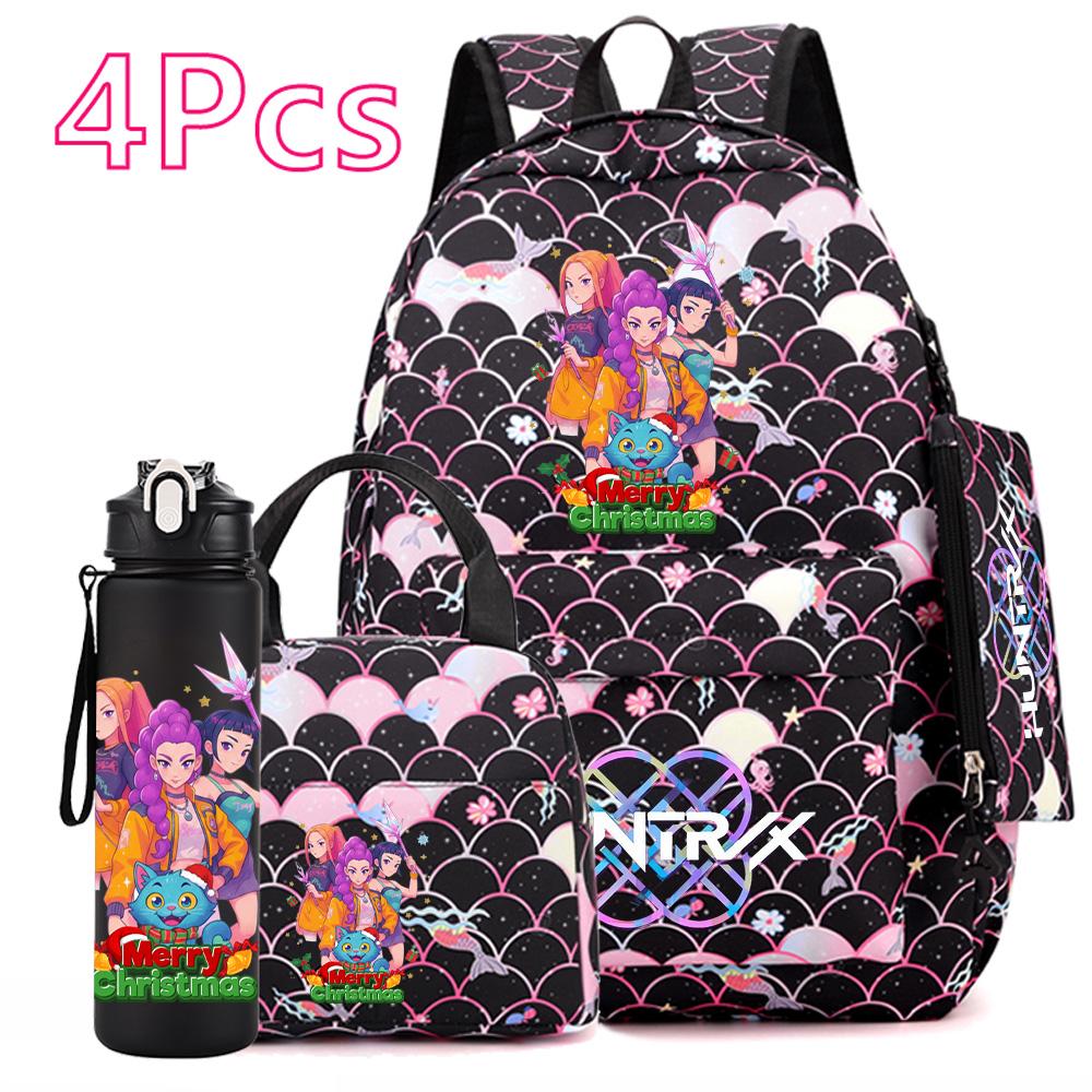 4Pcs/set Christmas Kpop Printed Backpack with Handbag Pencil Case 750Ml Water Bottler for Teenager Boy Girl Large Capacity Bookbag Schoolbag Kid Gift