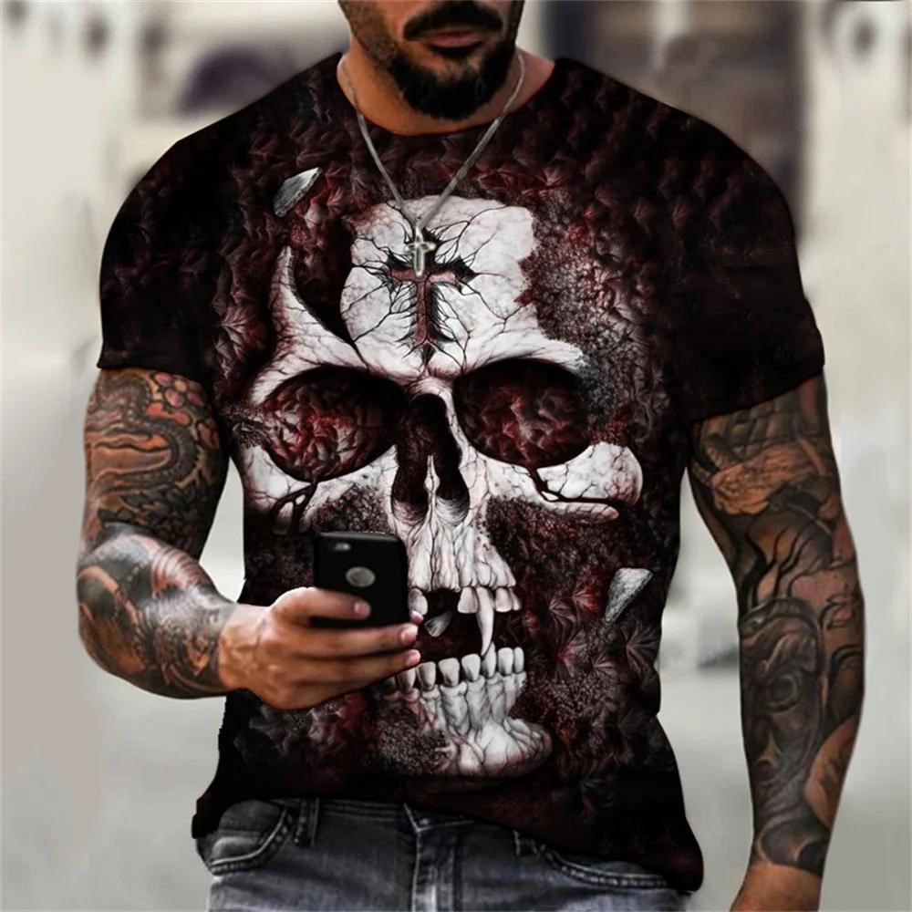 Summer Round Neck 3D Skull Graphic Print Top Fashionable Casual Short Sleeved Men's T-shirts