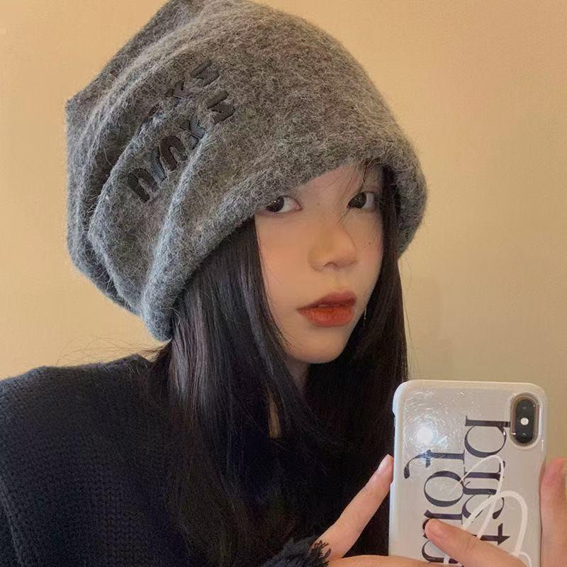 Womens Warm Knit Beanie Hat With Letter Print Foldable Winter Headwear Cold Weather Ear Protection Slimming Face Effect