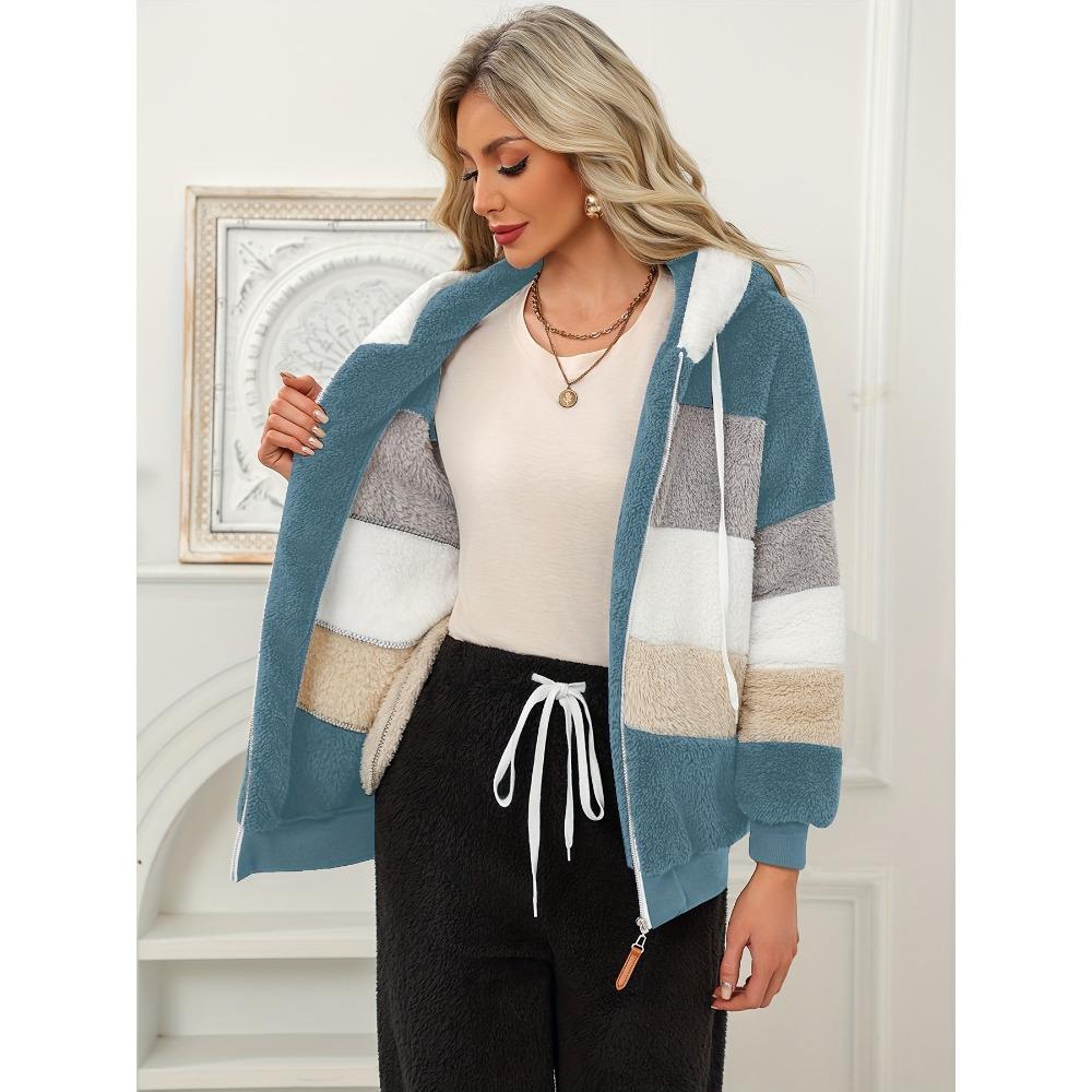 Damen Mehrfarbiger Flauschiger Kapuzenmantel, Lockere Warme Plüschjacke für Herbst Winter