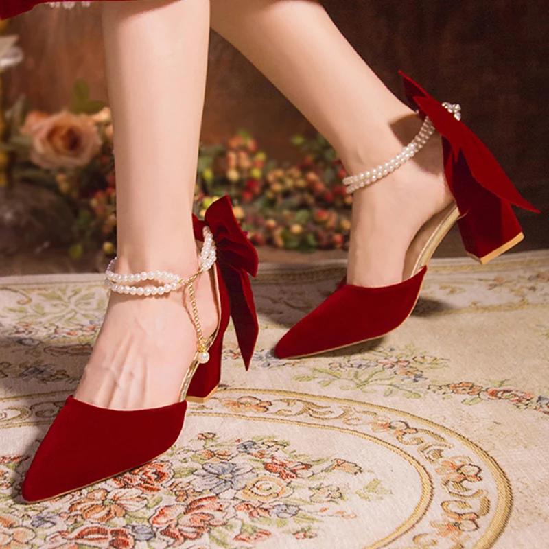 Jolis Escarpins à Talons Épais pour Femmes avec Grand Nœud Papillon Tendance Daim Rouge Perles Boucle Talons Hauts Chaussures pour Robe de Mariée pour Dames Femmes 34-40