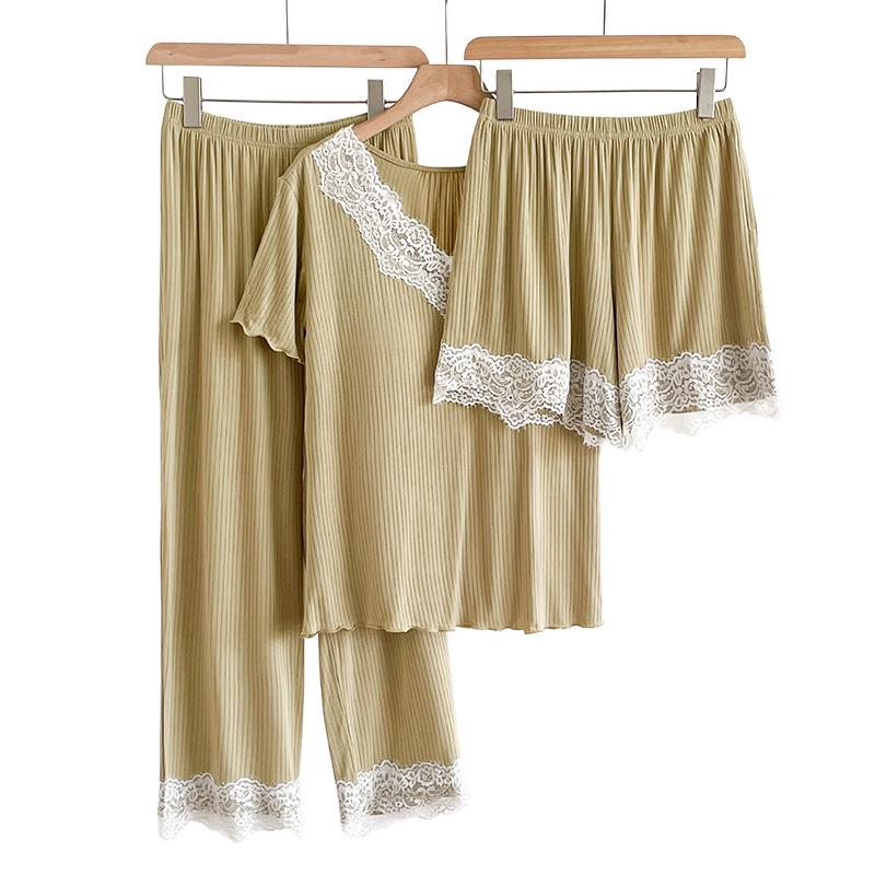 Women's Premium Three-Piece Pajama Set, Spring/Autumn, Outdoor-Ready, with Lace & Chest Pads, Comfortable Casual Home Wear