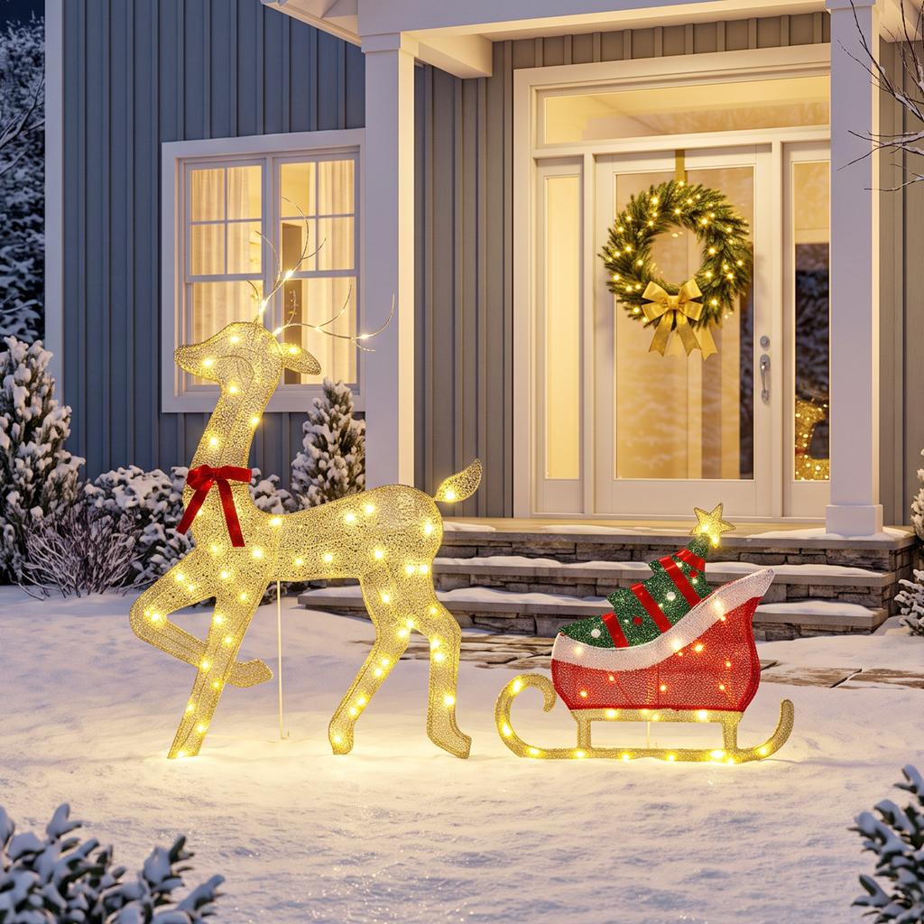 Illuminated Reindeer with Sleigh, Flat Christmas Decoration for Outdoors, 95 Warm White LEDs, 8 Lighting Modes, Timer