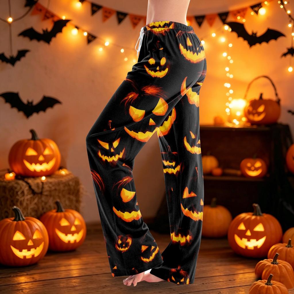Women Drawstring Waist Halloween Printed Long Pajama Pants Casual Relaxed Fit Sleepwear with Elastic for Home Lounge