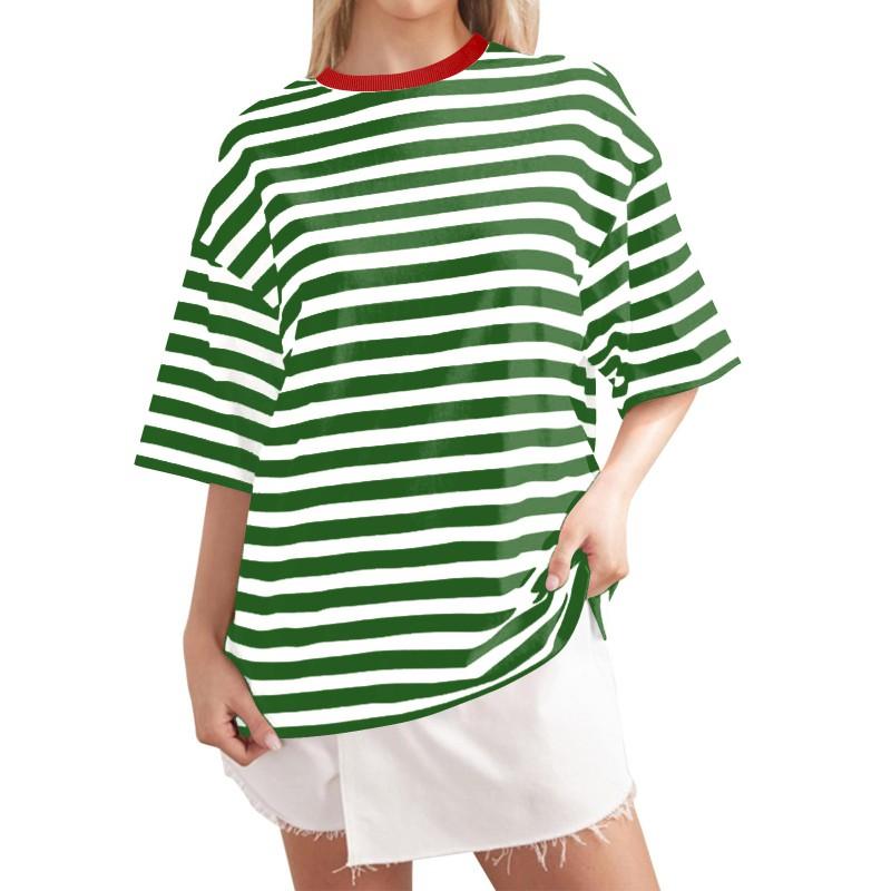 Casual Striped Round Neck Short Sleeve T-Shirt Women Men Comfortable Milk Silk Blend Loose Fit Home Wear