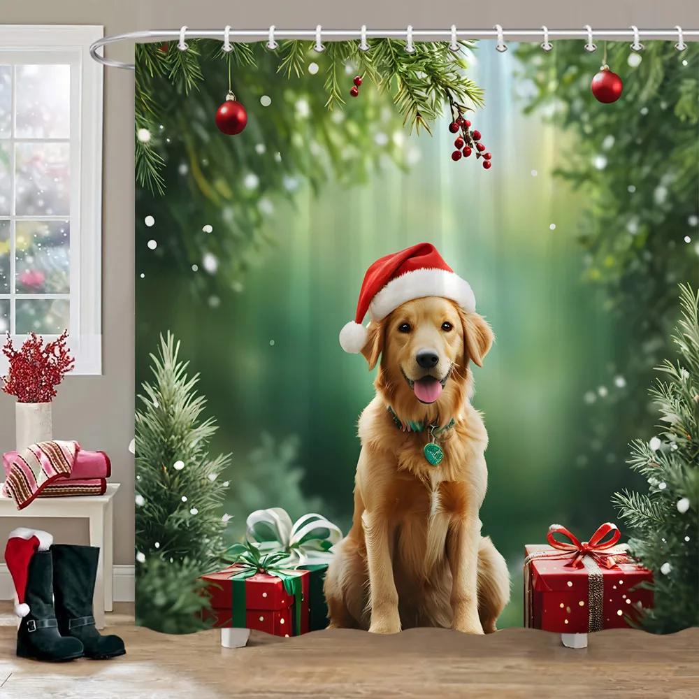 

Funny Cat And Dog Christmas Shower Curtain Deer Wearing Christmas Hat Farm Cow Cute Pet Animals Shower Curtains Bathroom Decor 90x180cm