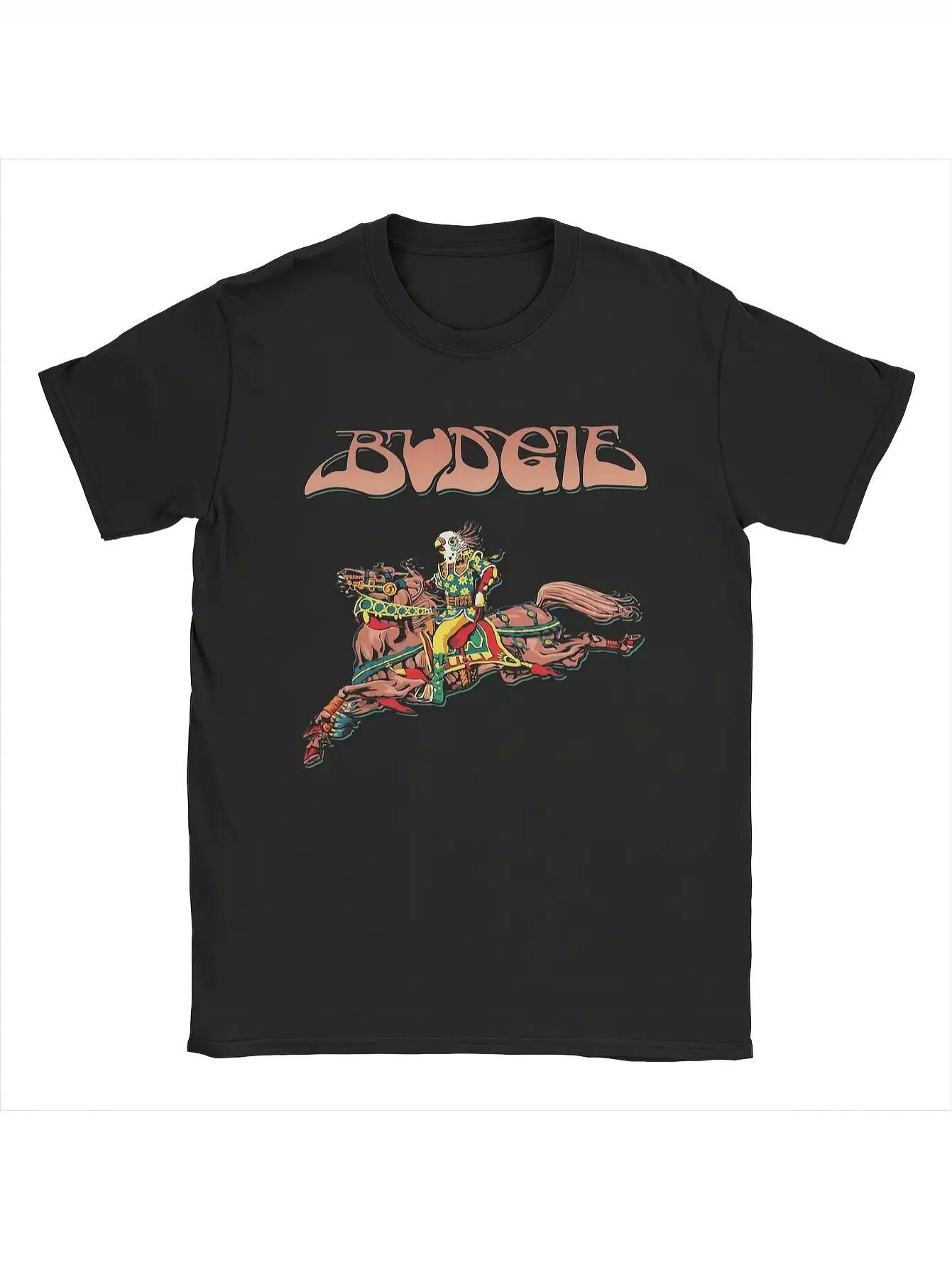 Men s Budgie Band First Album 1971 Vintage Rock T-Shirt - Black Band Logo & 1971 Album Art Tee with Budgie & Guitar Design XXL