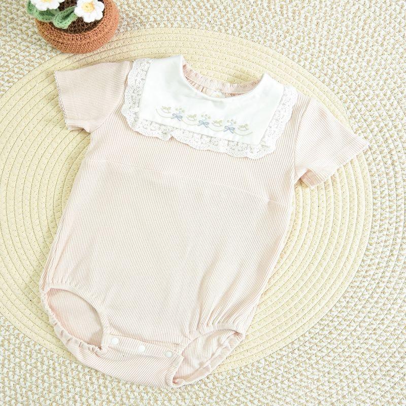 

80-90 Japanese-Style Small Wooden Horse Embroidered Short-Sleeve Romper for Infants and Toddlers - Summer Style Ribbed One-Piece Jumpsuit for Girls Powder Size 90 (Shoulder to Crotch 50cm)