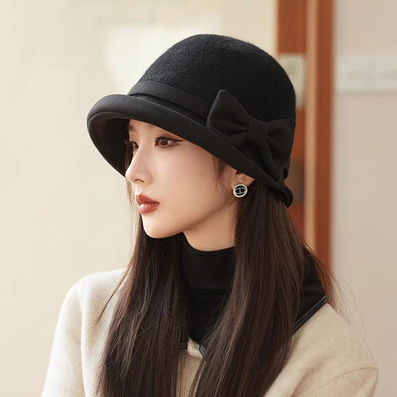 Black Bucket Hat Autumn Winter French Temperament Keeping Warm Bow Bucket Hat For Women