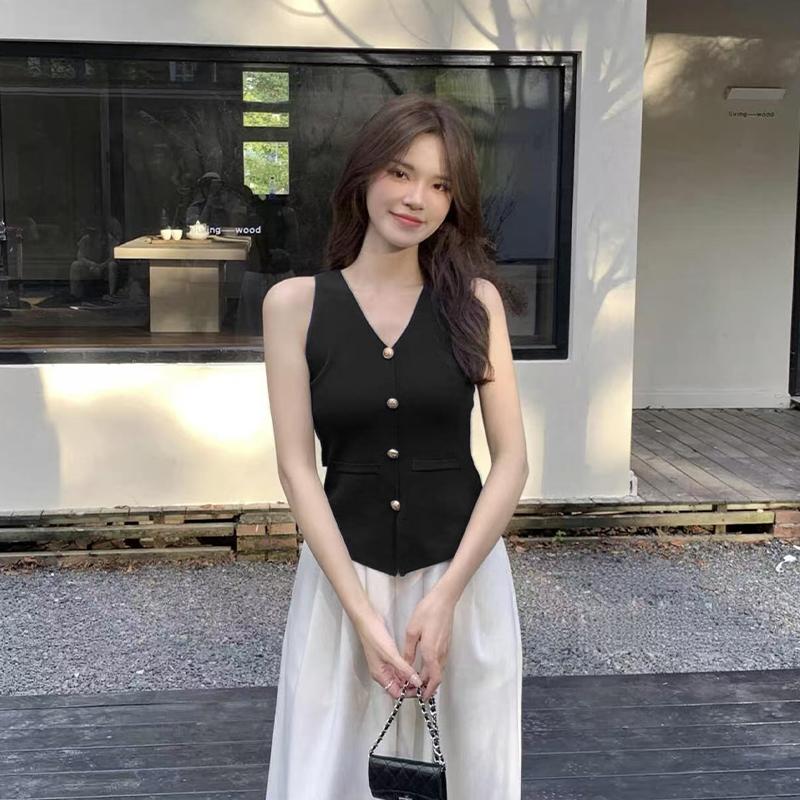 French Retro Solid Color V-Neck Sleeveless All-Match Casual Short Knitted Vest For Women