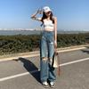 Frühling und Sommer zerrissene Jeans Damen lose hohe Taille Retro trendige bodenweite Beinhose