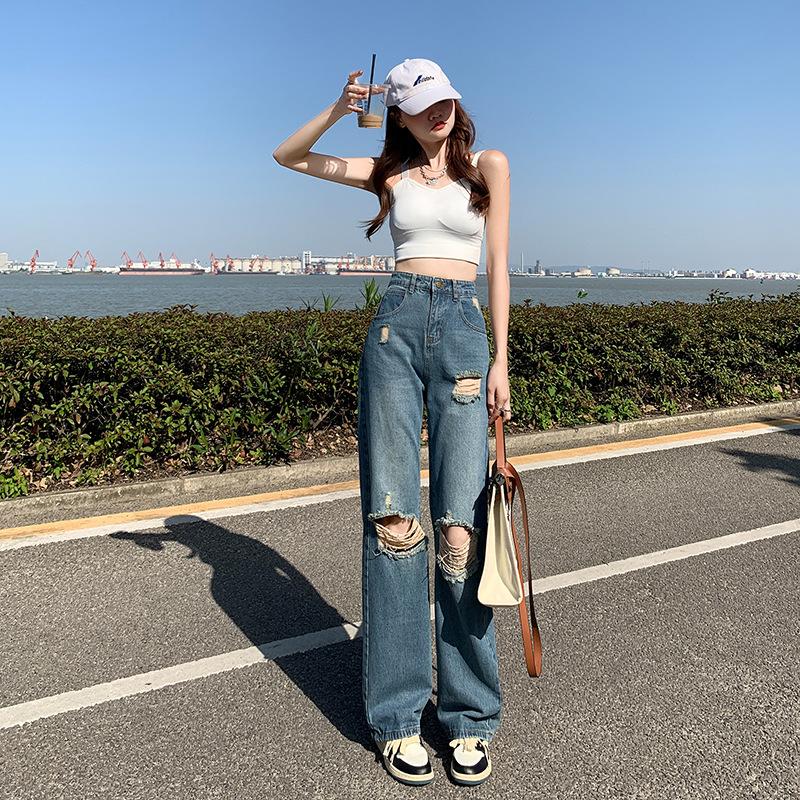Jarní a letní roztrhané džíny dámské retro trendy kalhoty s vysokým pasem a širokými nohama