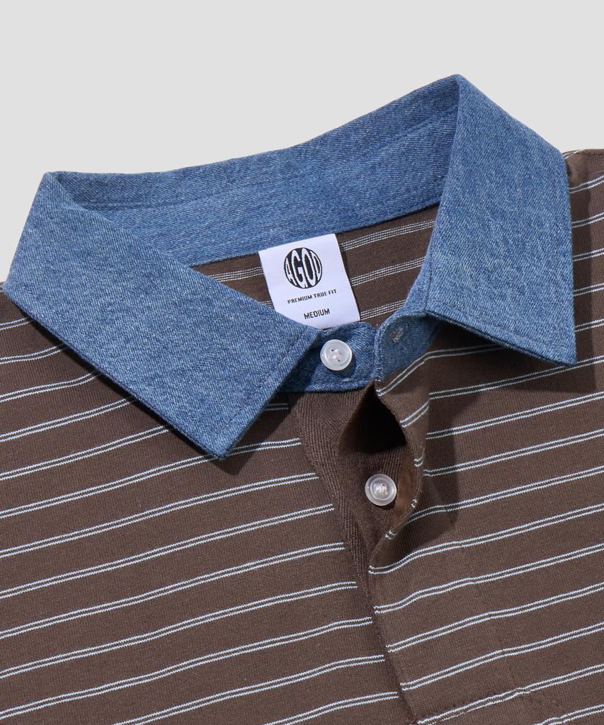 AGOD Contrast Denim Collar Stripe Half T-Shirt [Brown]