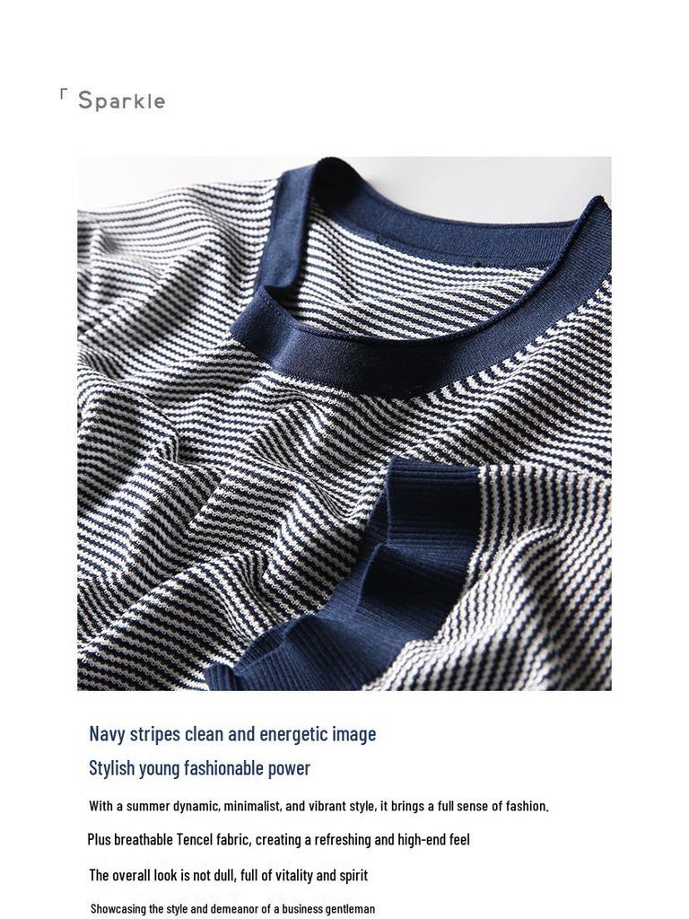2024 Men's Striped Polo: Short-Sleeve, Versatile Round Neck Knit Shirt