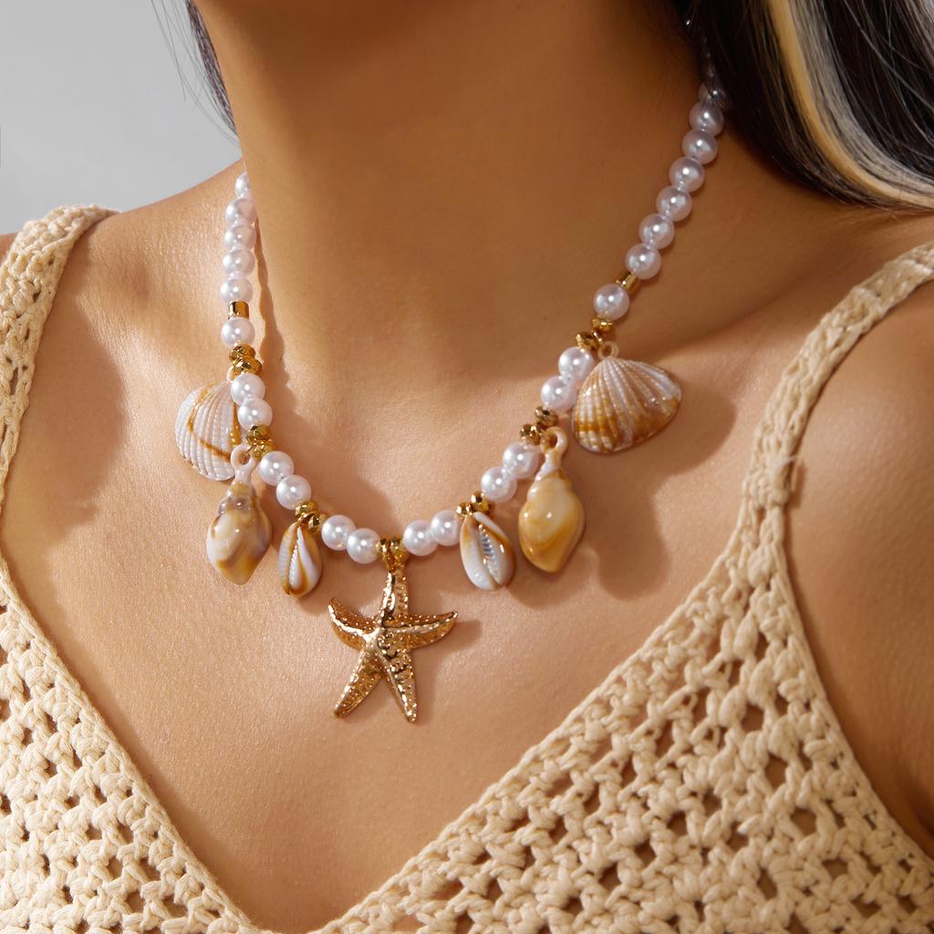 Boho Starfish Shell Conch Simulated Pearl Necklace Summer Beach Ocean Theme Choker For Women