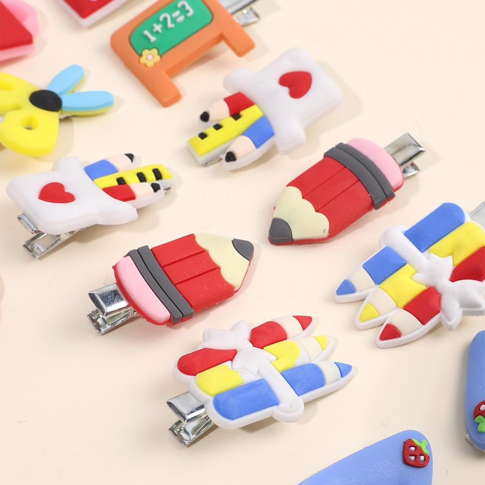 12Pcs Novelty Stationery Hair Clips Cute School Supplies Design Rubber Hairpins For Girls Kids Learning Headwear Accessories