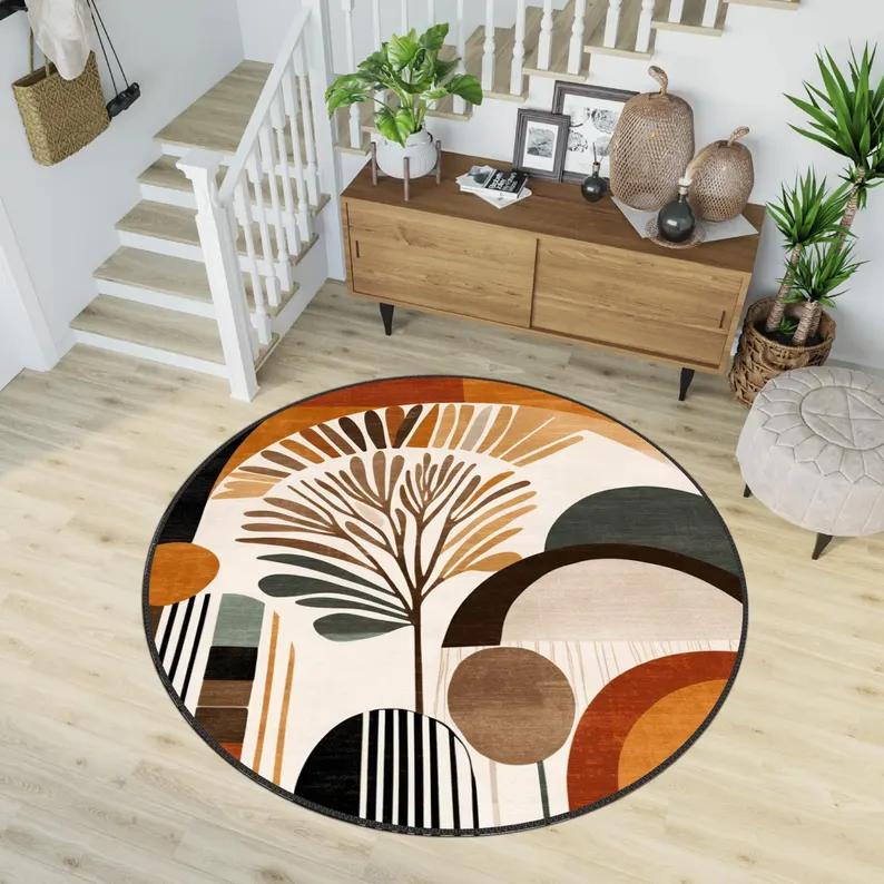 Tropical Leaf Round Rug Boho Plant Print Carpet Stylish Contemporary Abstract Round Floormat for Living Room Bedroom Terrace