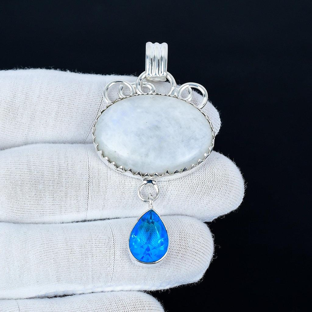 Regenbogenmondstein Anhänger, 925 Sterlingsilber Handgefertigter Schmuck, Blautopas Silberanhänger, Partyschmuck für Damen, Anhänger Weihnachtsschmuck
