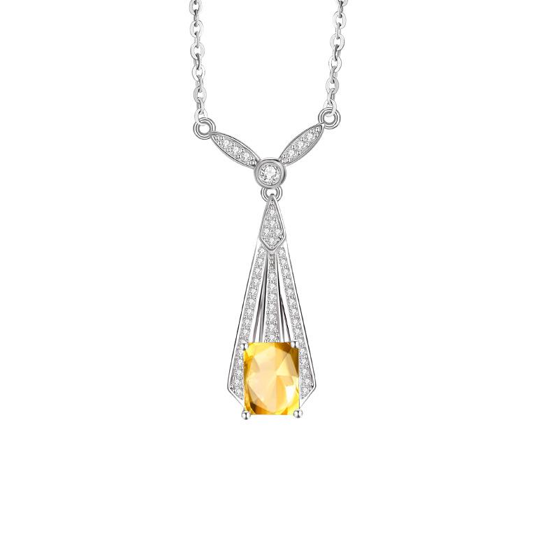 S925 Sterling Silver Art Deco Necklace Female Amethyst Peridot Geometric Pendant Light Luxury Clavicle Chain