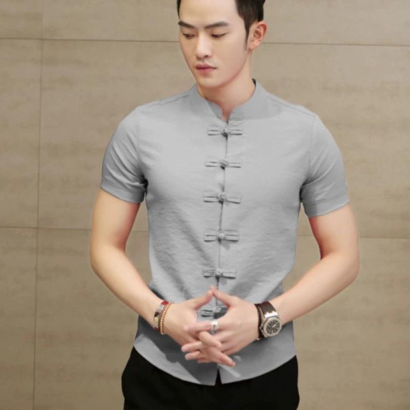 Summer Chinese Style Solid Color Shirt Men's Disc Buckle Stand-up Collar Thin Slim Short-sleeved Shirt Plus Size Men