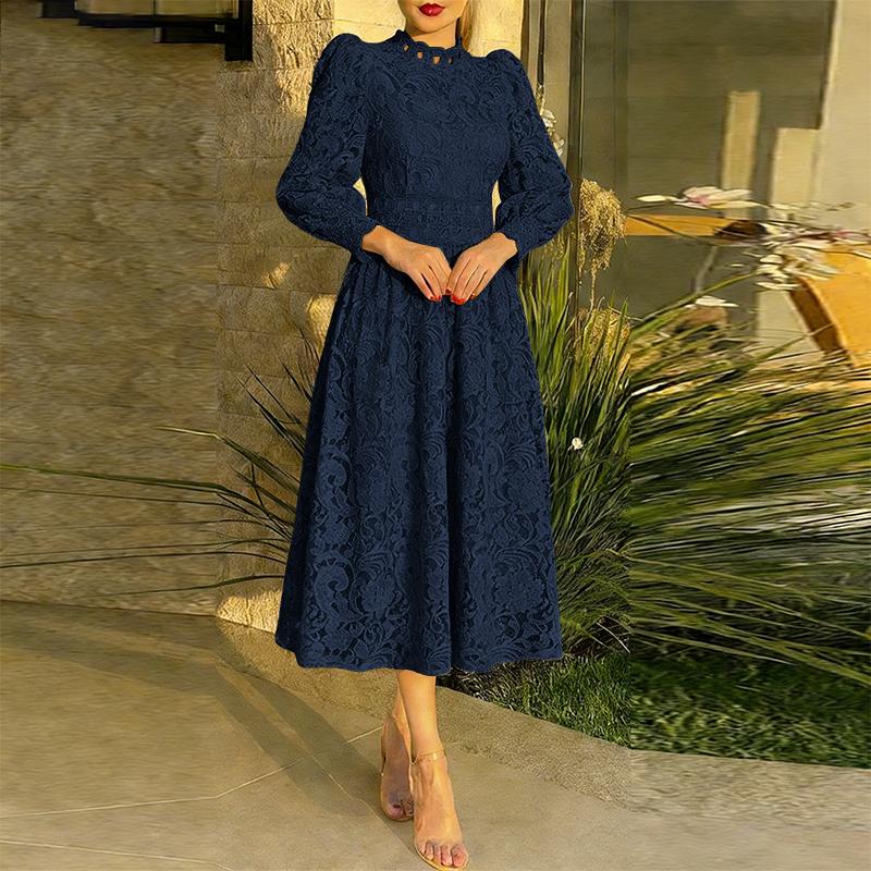 ZANZEA Women Casual Round Neck Long Sleeve Elegant Lace Crochet Patchwork Dress