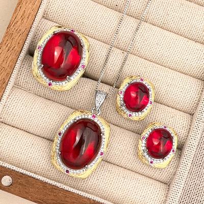 Huabi Jewelry Simulation Plain Red Corundum Retro Light Luxury Set Main 15 * 20-10 * 12