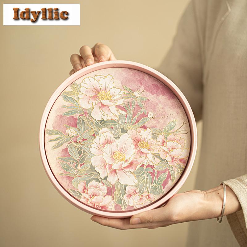 Embossed Gold-stamped Peony Tea Tray Cake Rack Coffee Storage Board Teapot Stove Insulation Dishes For Serving Chinese Tea Set