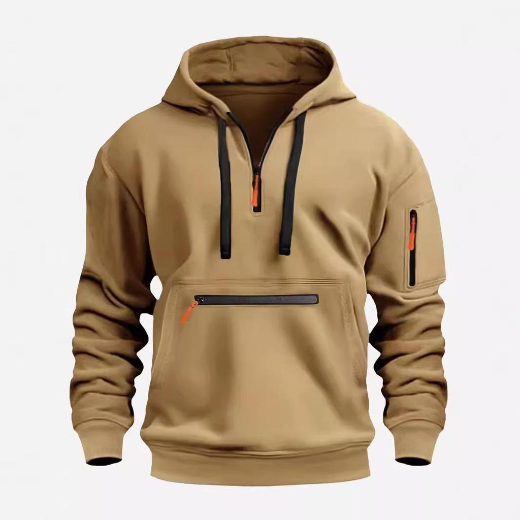 Men's Fleece-Lined Hooded Sweatshirt with Zipper and Multi-Pocket Design for Autumn/Winter Casual Sports Fashion