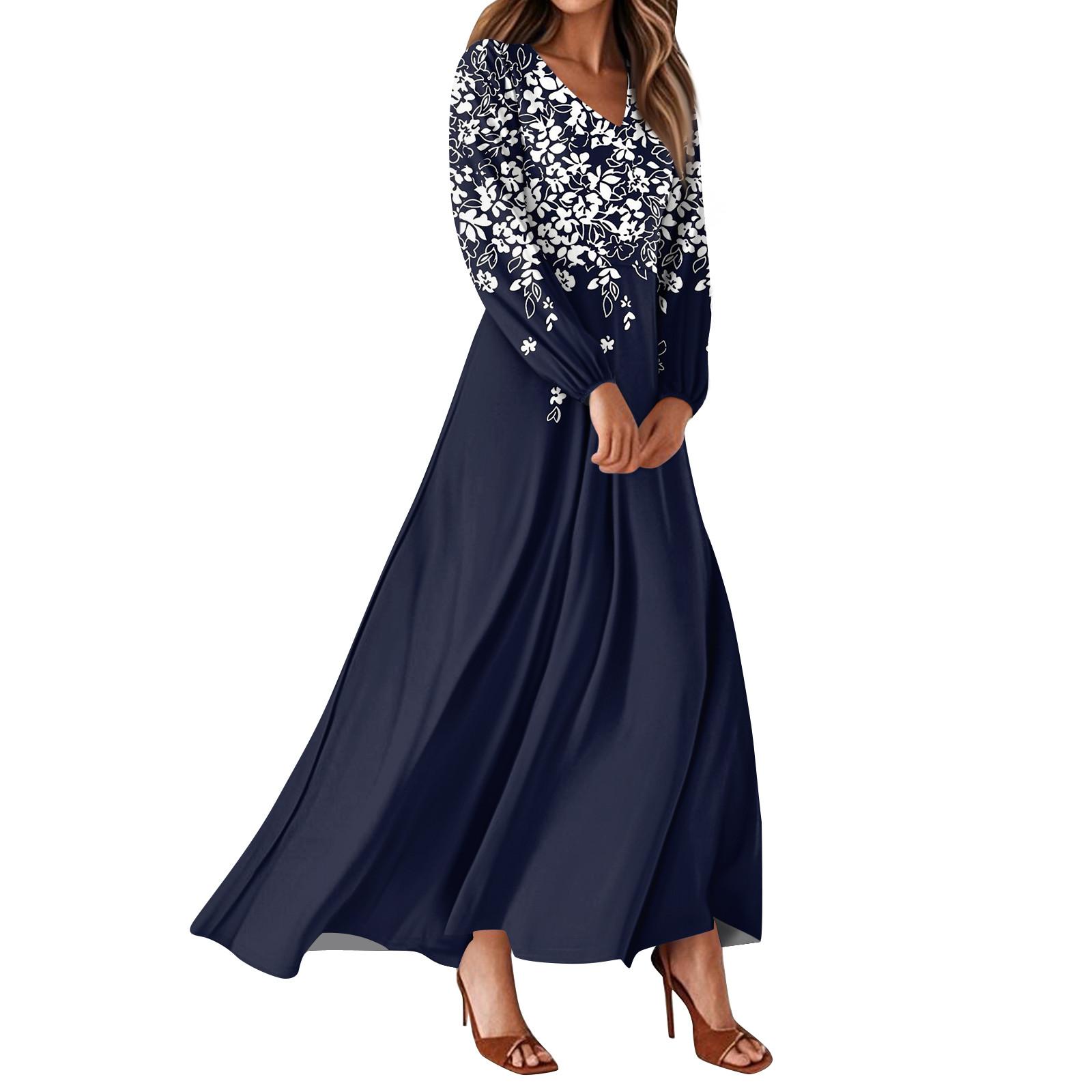 

Женские летние платья Повседневные платья макси с длинным рукавом Милые платья макси с цветочным принтом Платья для гостей на свадьбу Легкие платья XXL тёмно-синий