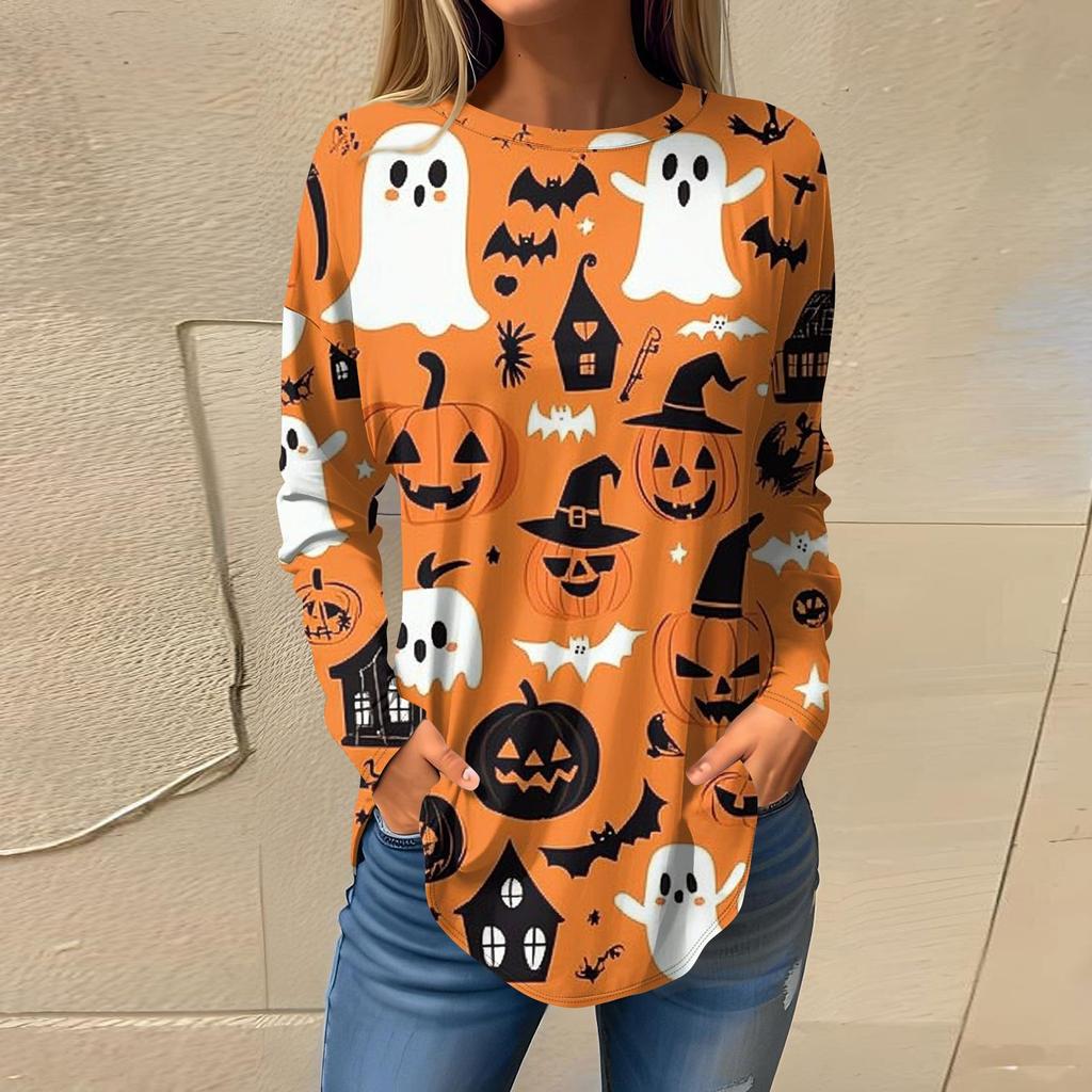 Women's Fashion Loose Round Neck Halloween Printed Long Sleeve T-Shirt Top Pullover