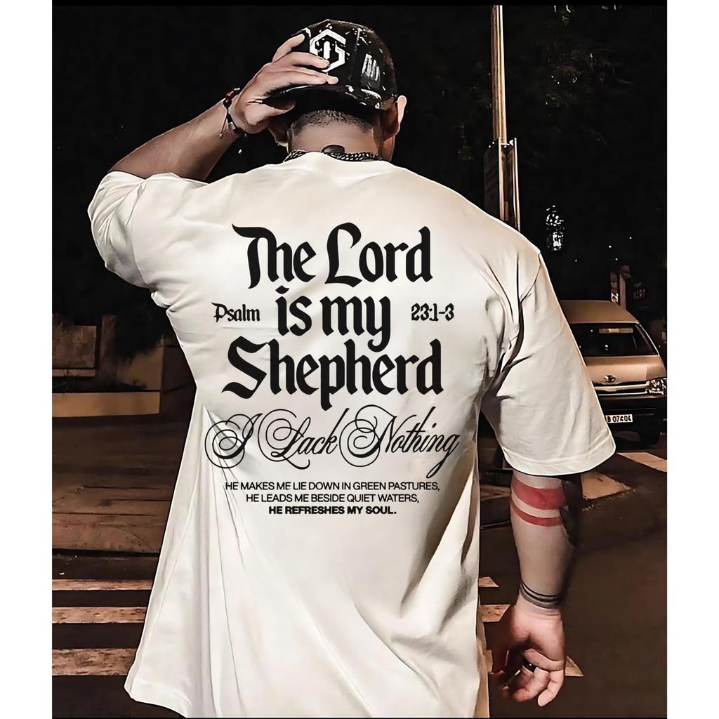 Gothic Letter Psalm The Lord Is My Shepherd Tshirt Christian Faith Back Print Oversized Unisex Casual Short Sleeve Cotton Tees