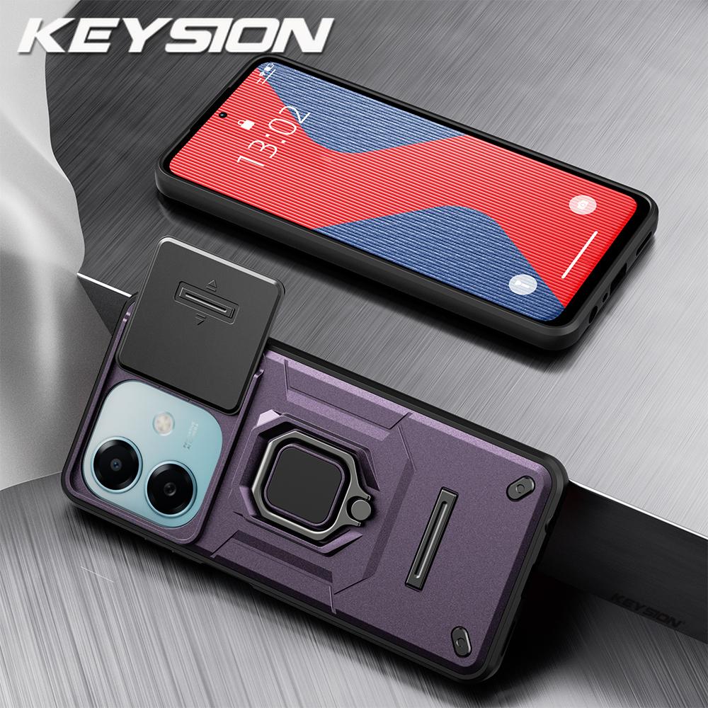 KEYSION Shockproof Armor Case for OPPO A3 5G A3X Slide Camera Lens Protection Ring Stand Phone Back Cover for OPPO A40 A40m