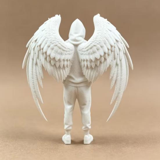 PLA Angel Decor 3D Printed Figurine, Winged Man Decorative Statue, Hoodies Desk Decoration Boys Sculpture for Home Office Shelf