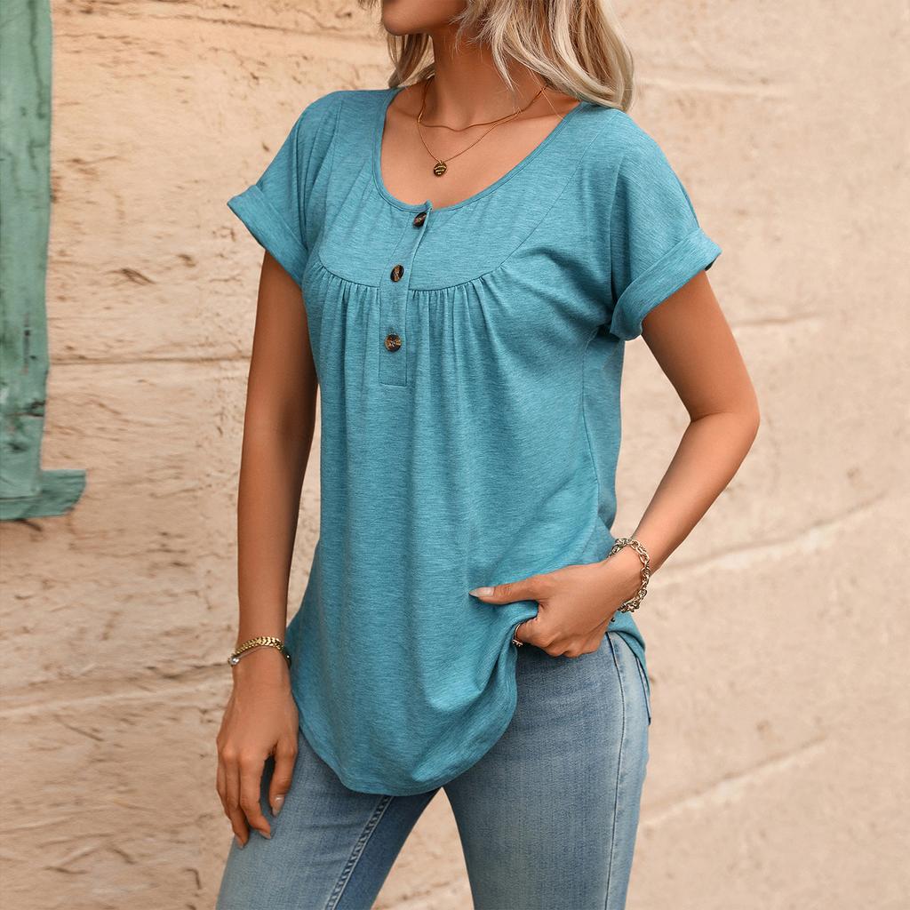 Women’s Casual Short Sleeve Pullover T Shirt with Crew Neck and Button Loose Fit Summer Top Blouse