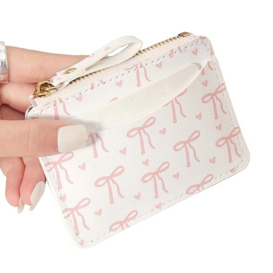 Damen Kartenhalter Faux Leder Geldbörse mit mehreren Kartenschlitzen Reißverschlusstasche Herz Schleife Muster Kartenetui für Mädchen