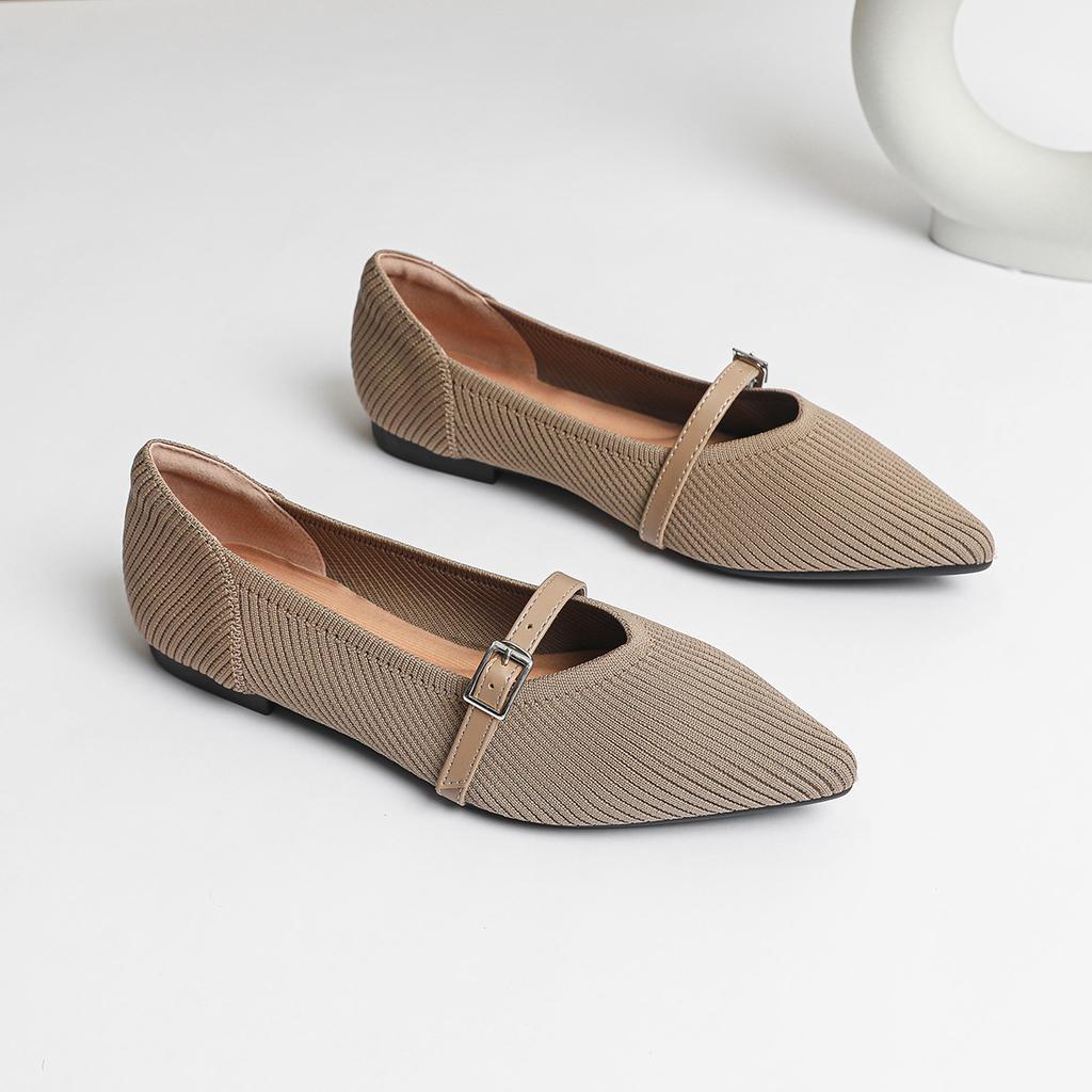 Women Mary Jane Shoes Pointed Toe 2026 Spring Shallow Cross Strap Women Dress Shoes Breathable Knitted Mid-heel Shoes Ladies