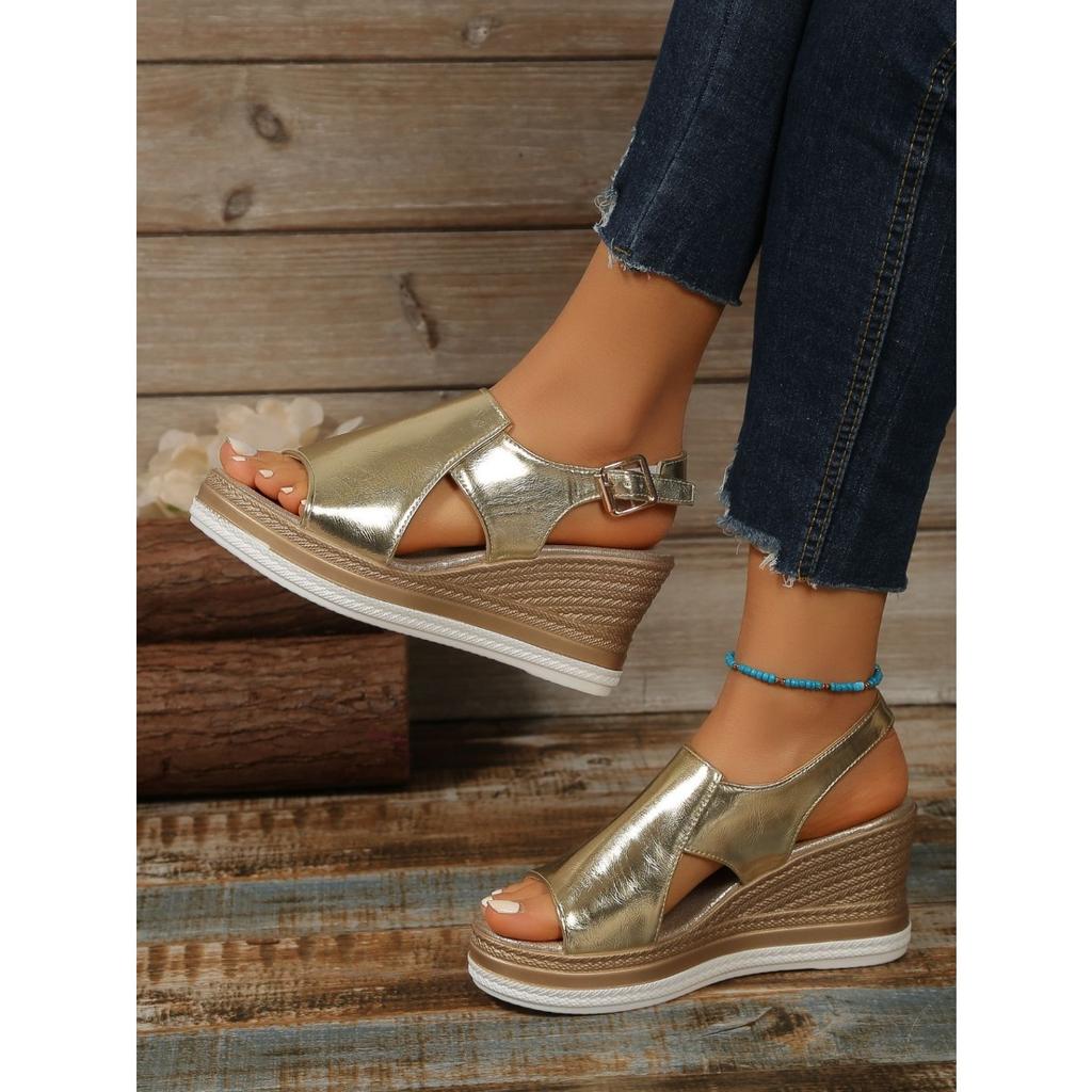 New Summer Wedge Platform Sandals - Women’s Plus Size Hollow Out Shiny Buckle Thick Sole Shoes