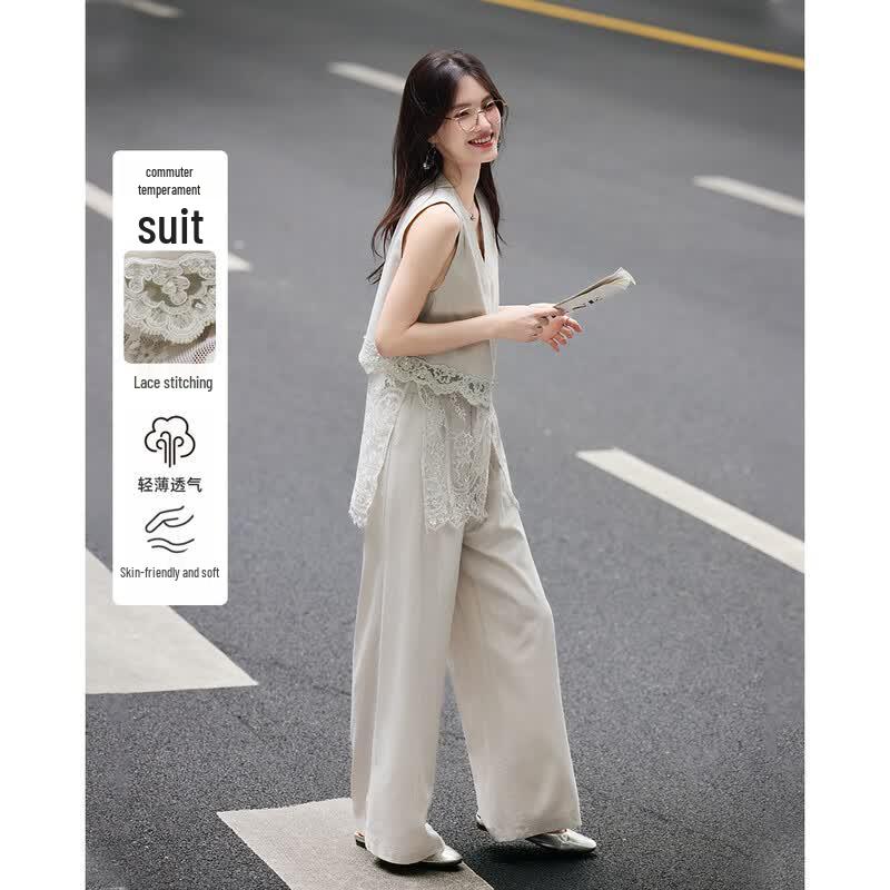 TERRE BLEUE Elegant Lace Patchwork Sleeveless Two-Piece Set L