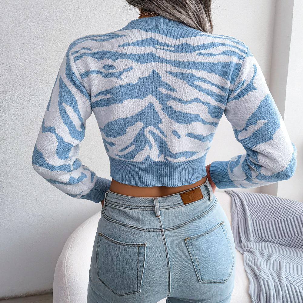 Autumn Winter Tiger Stripe Cropped Knit Sweater – European & American Women's Fashion.