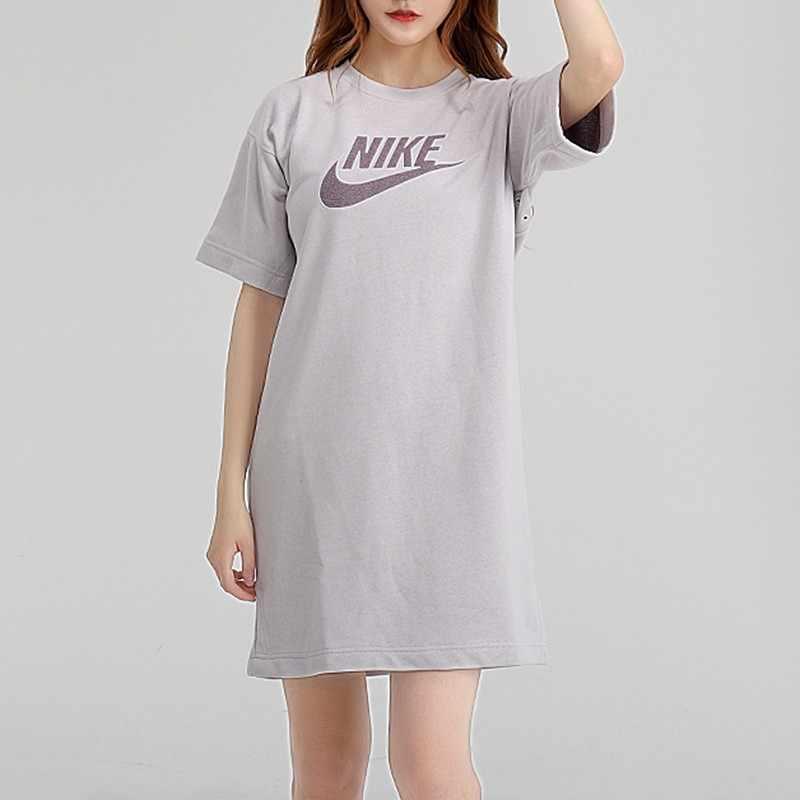 Nike Solid Color Printed Logo Straight Casual Sports Loose Moisture Wicking Round Neck Short Sleeve Dress Women dresses Gray CU6402-094
